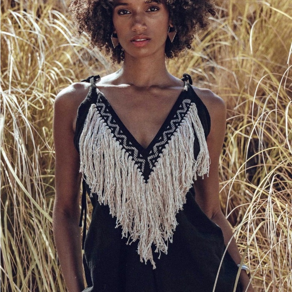 Aya Sacred Wear Black Fringe V-Neck Tank Top with Ivory Trim